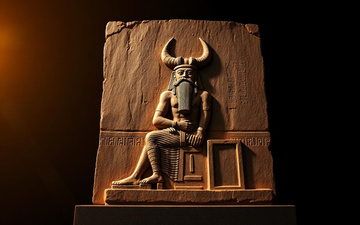 Weathered stone relief of a horned-crowned sky god seated beneath a starred vault