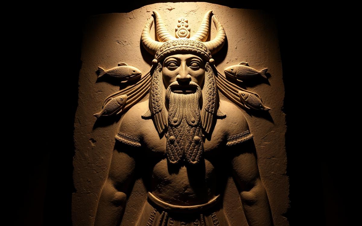 Relief of a god with twin streams of water flowing from his shoulders, fish leaping within them