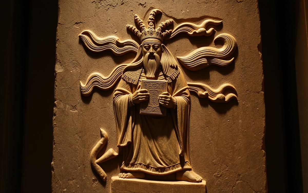 Storm god carved in dark stone with wind and cloud forms breaking behind him
