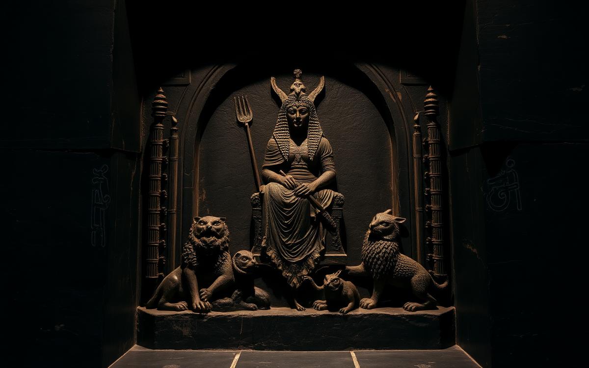 Dark relief of an enthroned underworld queen behind seven carved gateways
