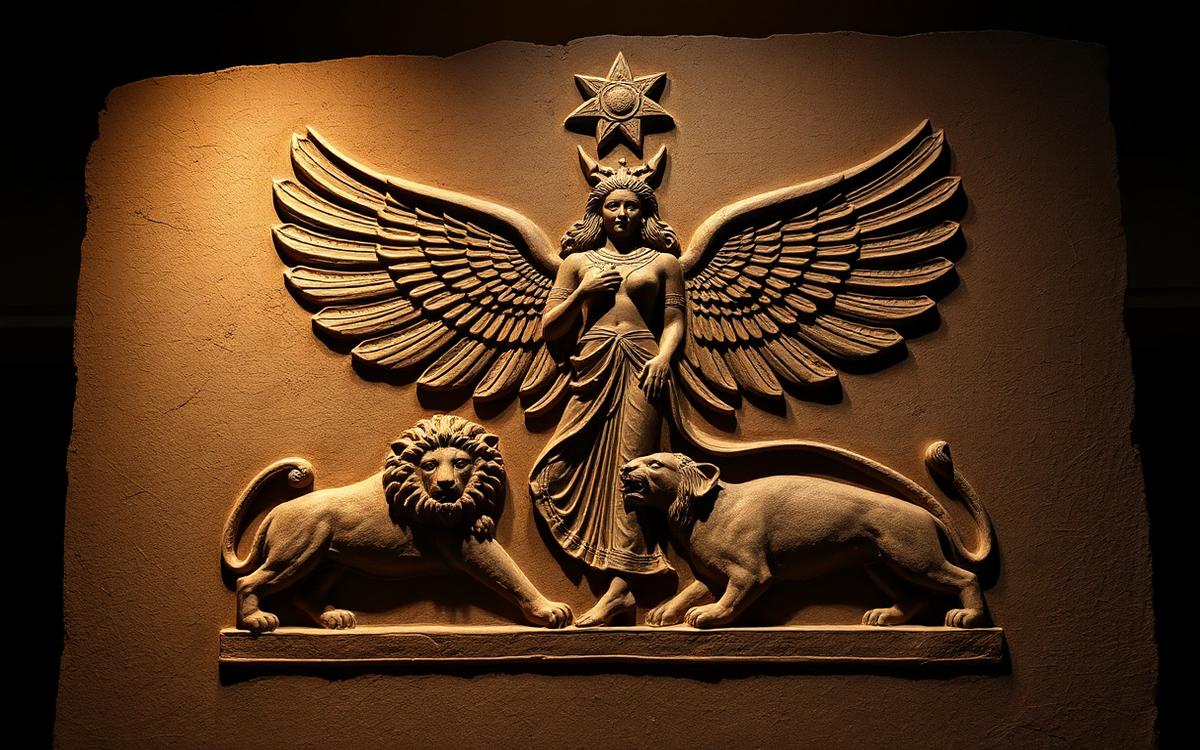Winged goddess relief standing on lions, a rosette star above her shoulder