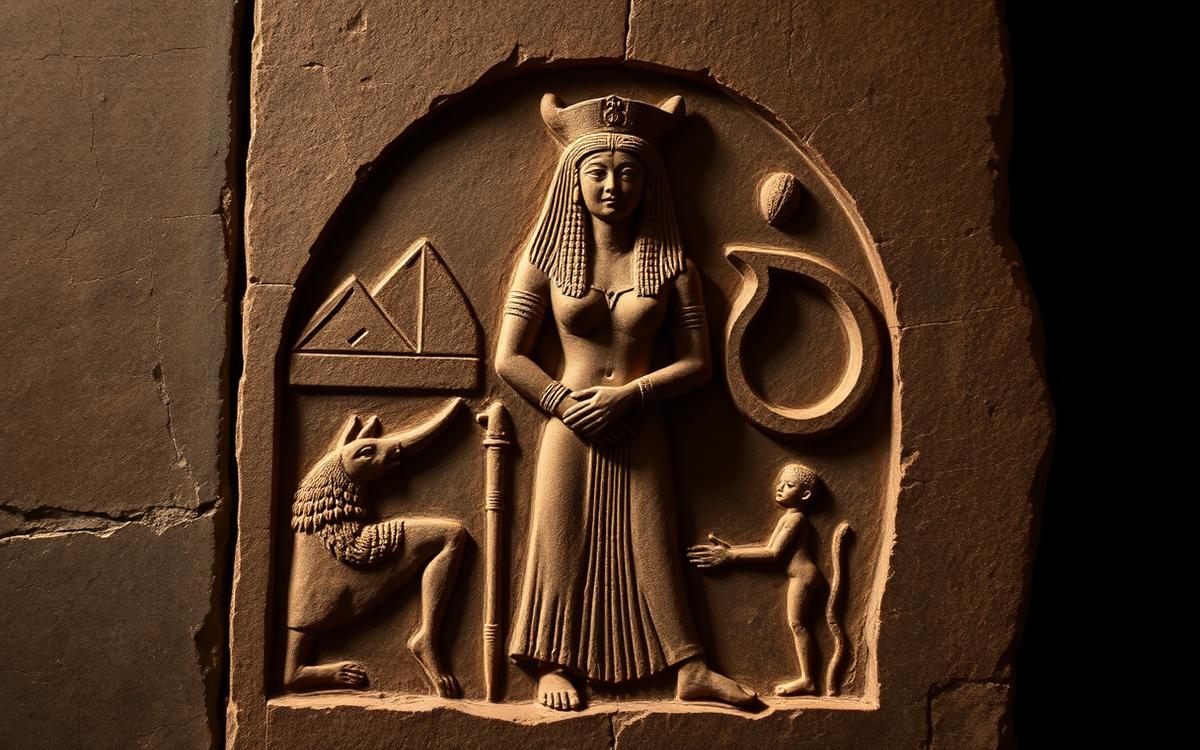 Carved mother goddess figure with mountain forms and growing shoots at her shoulders