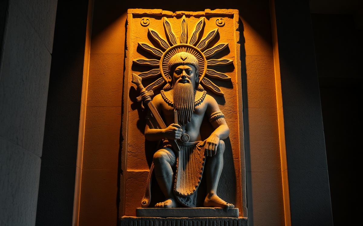Sun god rising between two mountains, rays cut into the stone behind him