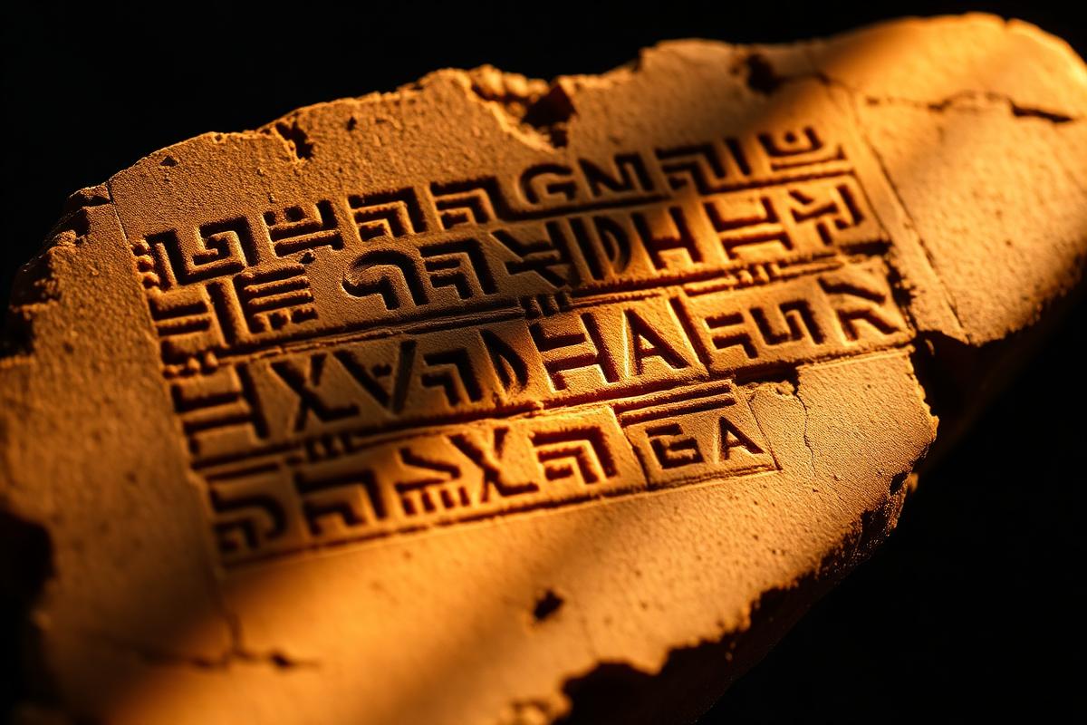 Close-up of a cracked Sumerian clay tablet covered in cuneiform script