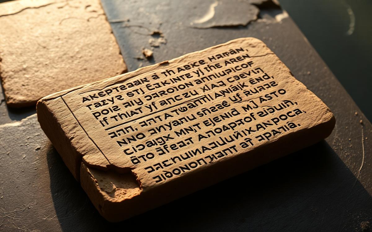 Fragmented clay tablet with dense cuneiform columns, a broken corner in shadow