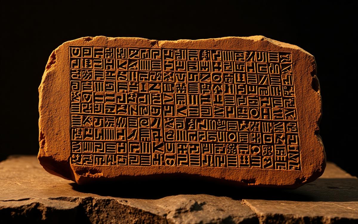 Large baked clay tablet of the Babylonian creation epic under raking gold light
