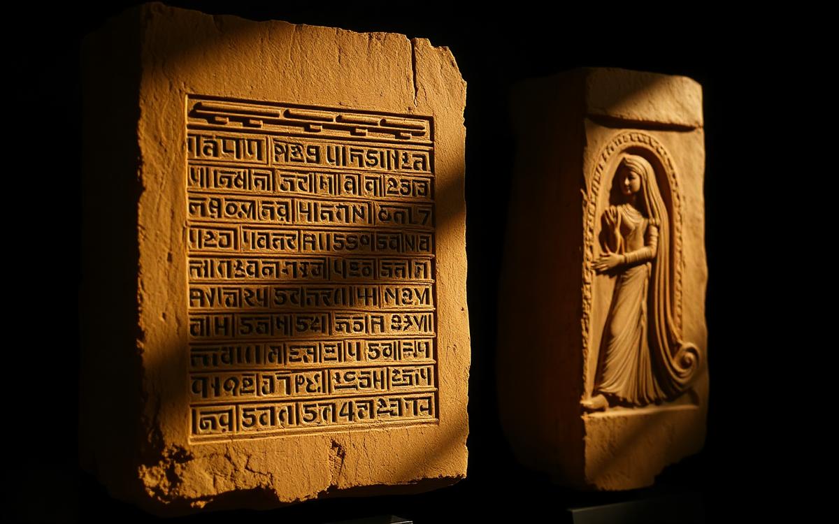 Sumerian tablet fragment beside a carved gate motif in low warm light