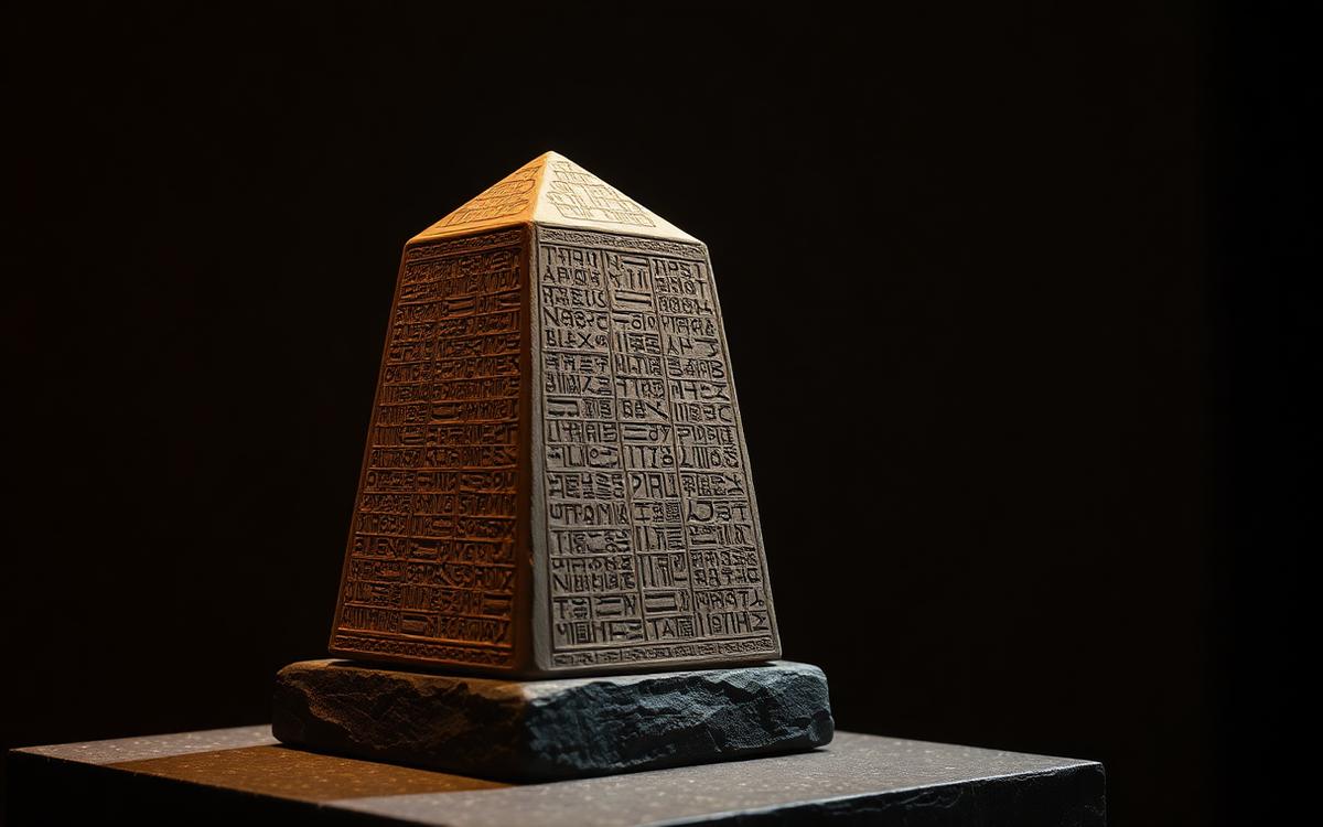 Four-sided baked clay prism of the Sumerian King List standing on dark stone