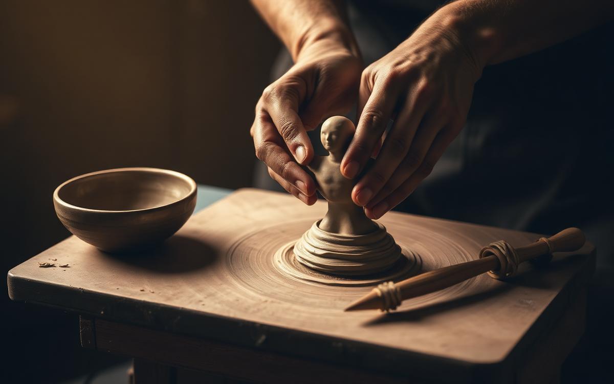 Hands shaping a small human figure from wet clay beside a ritual bowl