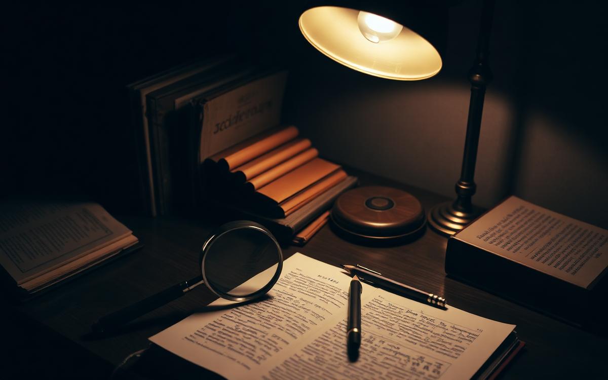 A lamplit desk with a paperback, magnifying glass and translation notes at night