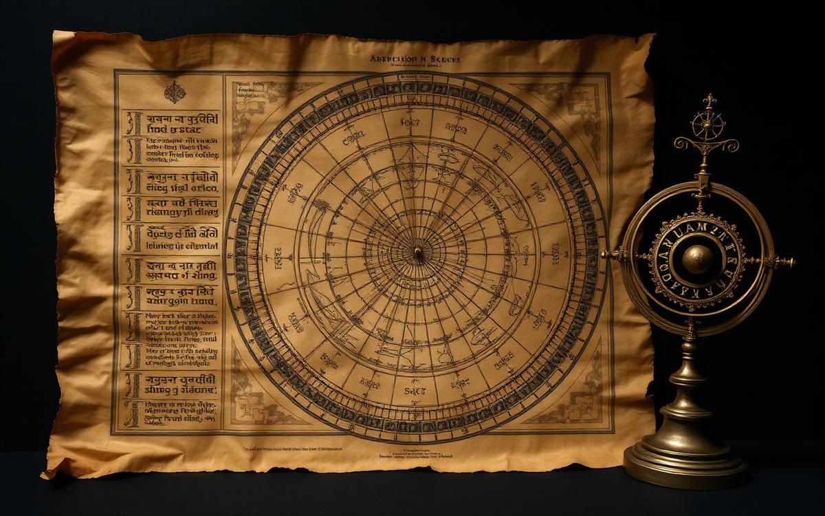 Antique astronomical chart on aged parchment beside a brass orrery