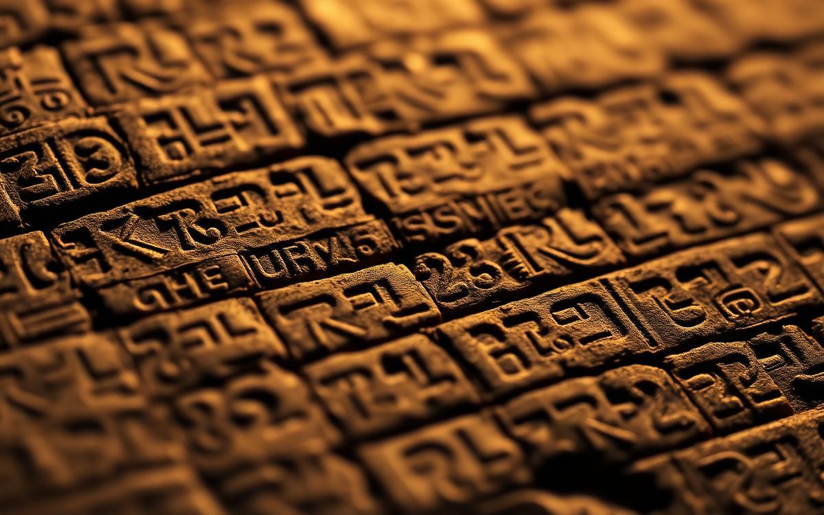 Macro view of cuneiform numerals impressed in clay in raking gold light